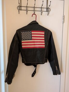 Wilsons Leather Women's M Black Leather Moto Jacket with American Flag Patch